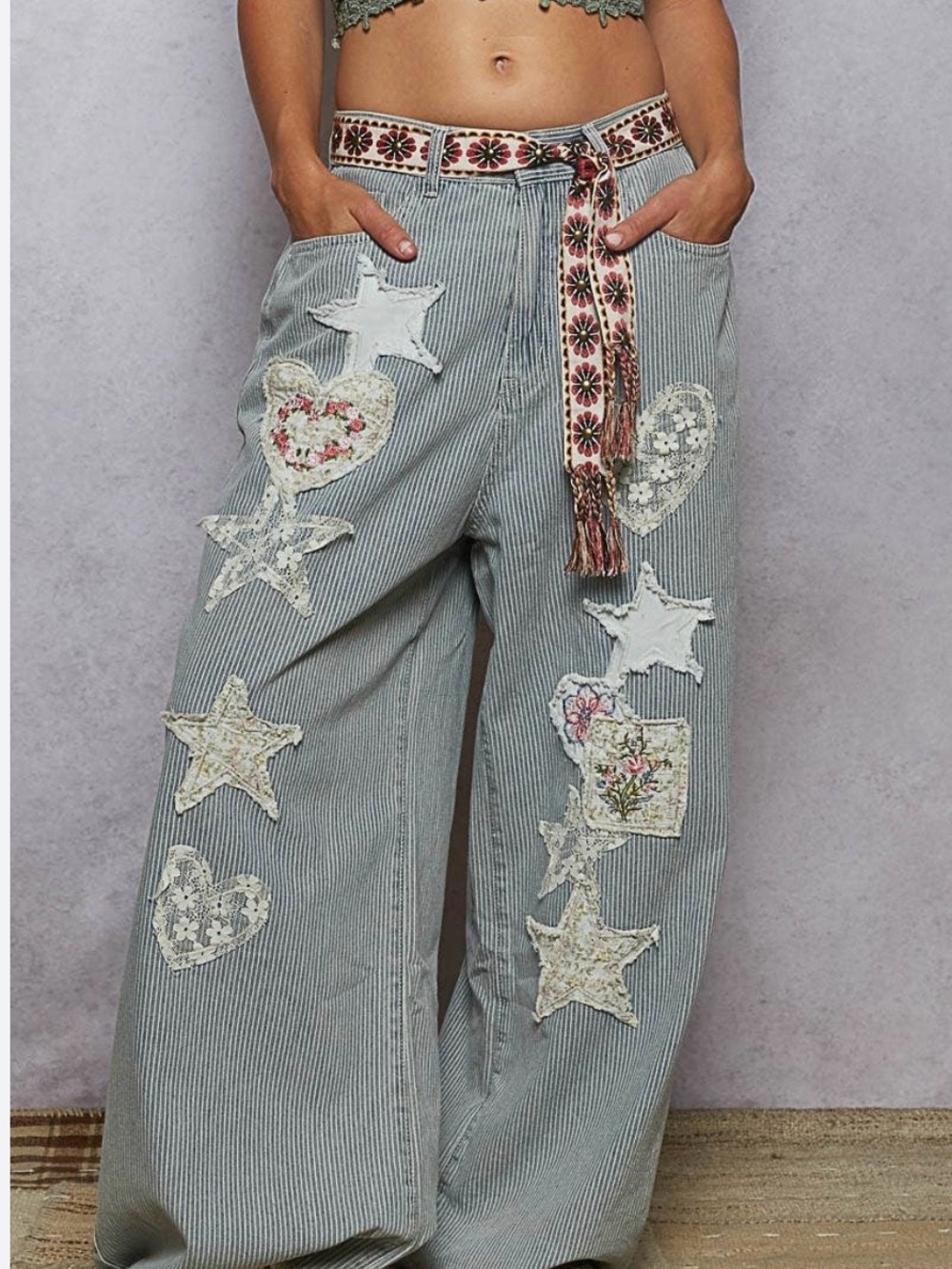 POL Light Blue Striped Wide-Leg Jeans with Heart & Star Patchwork